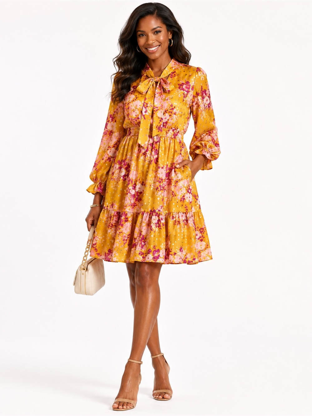 Nanette Lepore Mustard Floral Bow-Neck Tiered Long Sleeve Dress